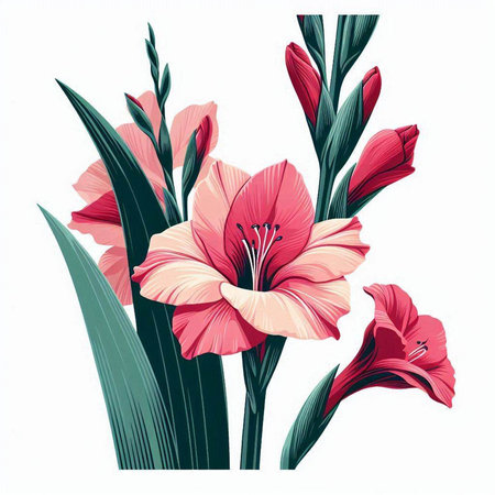 Bouquet of gladiolus flowers on white background. Vector illustration.のイラスト素材