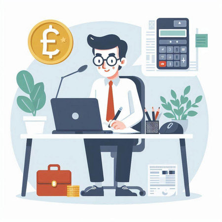 Businessman working in the office. Vector illustration in flat style.のイラスト素材