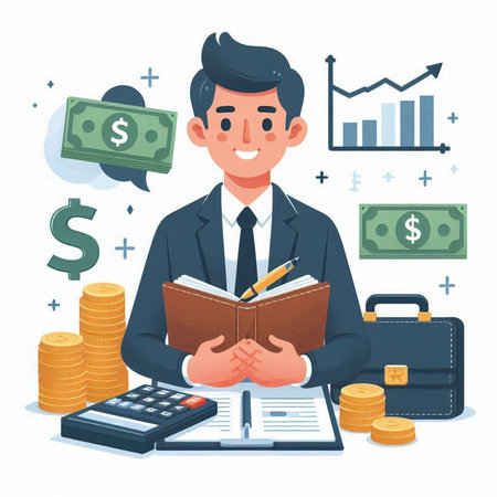 Businessman with briefcase, calculator and money. Vector illustration in cartoon styleのイラスト素材