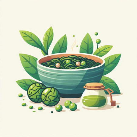 Green tea in a bowl with green tea leaves. Vector illustration.のイラスト素材