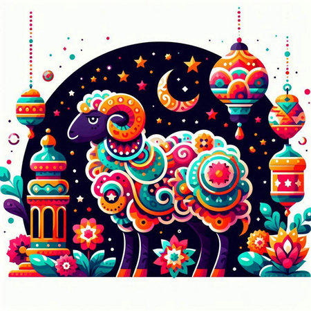 Ramadan Kareem greeting card with sheep and lanterns. Vector illustrationのイラスト素材