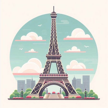 Eiffel Tower in Paris, France. Vector illustration in flat styleのイラスト素材