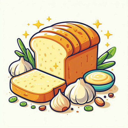 Illustration of a slice of bread with garlic, onion and mayonnaiseのイラスト素材