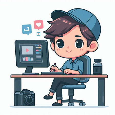 Cartoon boy in cap writing on computer screen. Vector illustration.のイラスト素材