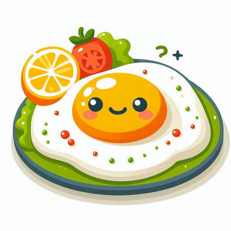 Fried egg on a plate with vegetables and fruits. Vector illustration.のイラスト素材