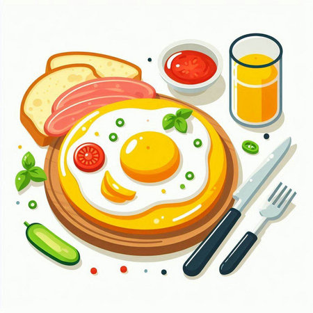 Fried egg with tomato, cucumber, bread and juice. Vector illustration.のイラスト素材