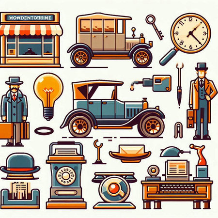 Retro car shop icons set in cartoon style. Vector illustration.のイラスト素材