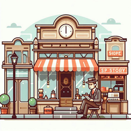 Retro cafe and coffee shop. Vector illustration in flat style.のイラスト素材