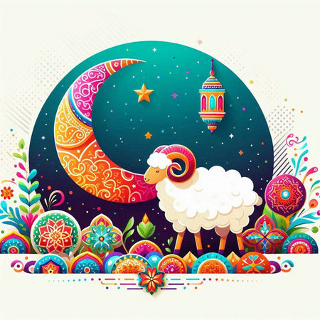 Ramadan Kareem Greeting Card with Crescent Moon and Sheepのイラスト素材