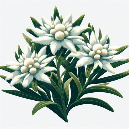 Illustration of white flowers with green leaves on a white background.のイラスト素材