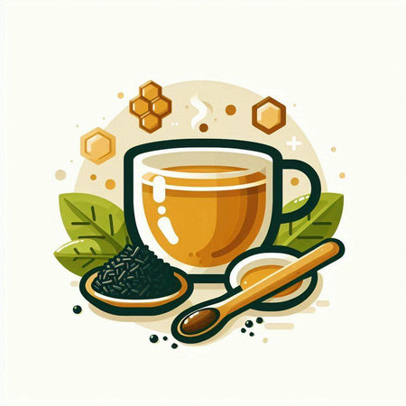 Cup of tea with honey, leaves and spoon. Vector illustration.のイラスト素材