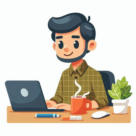 Vector illustration of a young man working at his desk with a laptop.のイラスト素材