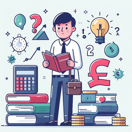 Businessman reading a book with question marks. Vector illustration in flat styleのイラスト素材