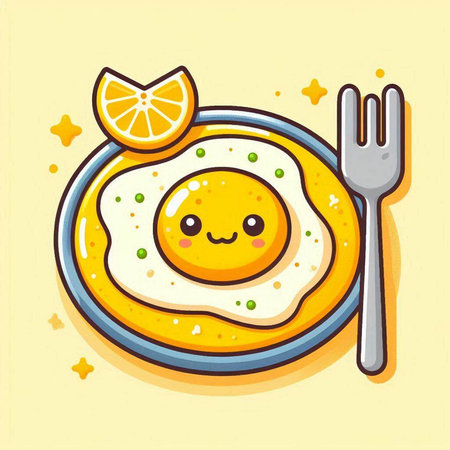 Funny fried egg in plate with fork and knife. Cute cartoon character. Vector illustration.のイラスト素材