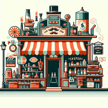 Retro shop with a lot of old items. Vector illustration.のイラスト素材