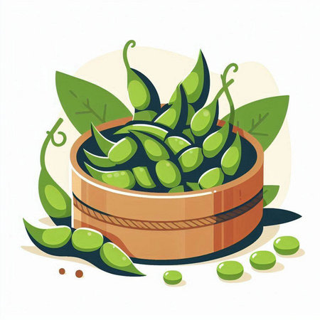 Green soybeans in a wooden bowl on a white background. Vector illustration.のイラスト素材