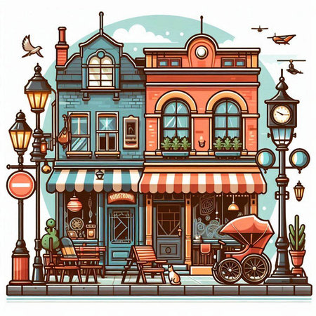Cafe and restaurant in the old town. Colorful vector illustration.のイラスト素材