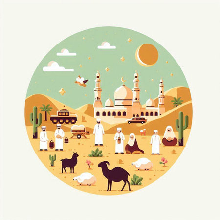 Illustration of Ramadan Kareem background with camel, sheep and mosqueのイラスト素材