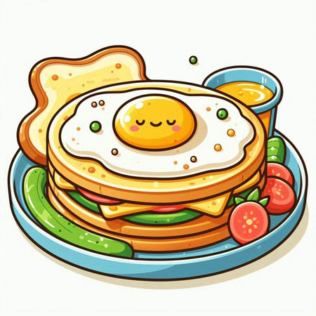 Illustration of a Fried Egg Sandwich with Vegetables on a Plateのイラスト素材