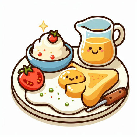 Illustration of breakfast set with egg, toast, butter and tomatoのイラスト素材