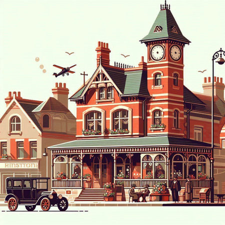 Old town street with clock tower, cafe and train. Vector illustration.のイラスト素材