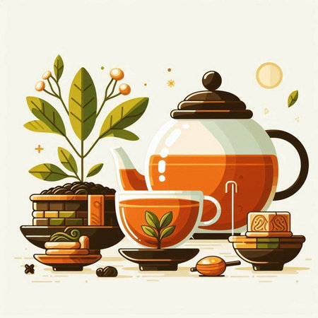 Tea ceremony, teapot and cups with tea leaves, vector illustrationのイラスト素材