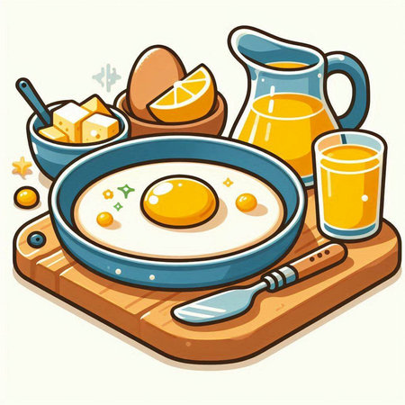 Illustration of a Fried Egg Served in a Pan with Orange Juiceのイラスト素材