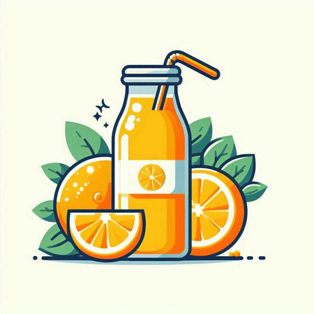 Orange juice in a bottle with a straw. Vector illustration in flat style.のイラスト素材