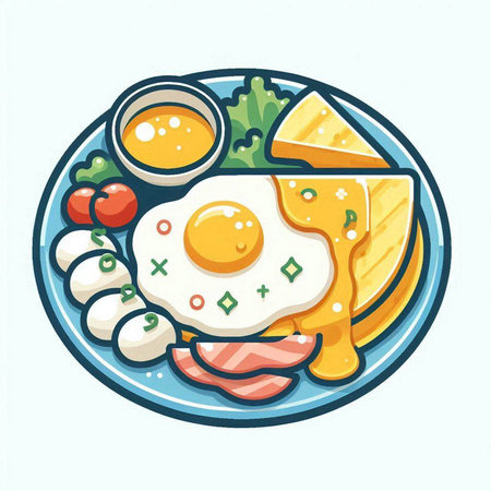 Breakfast with fried eggs, bacon, cheese and vegetables. Vector illustration.のイラスト素材
