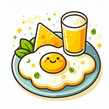 Fried egg with cheese and a glass of juice. Vector illustration.のイラスト素材