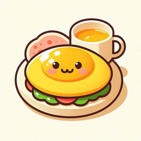 Cute kawaii fried egg with cup of tea. Vector illustration.のイラスト素材