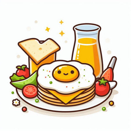 Fried eggs with toast, juice and strawberries. Vector illustration.のイラスト素材