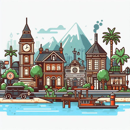 Vector illustration of a cityscape with buildings, roads and buildings.のイラスト素材