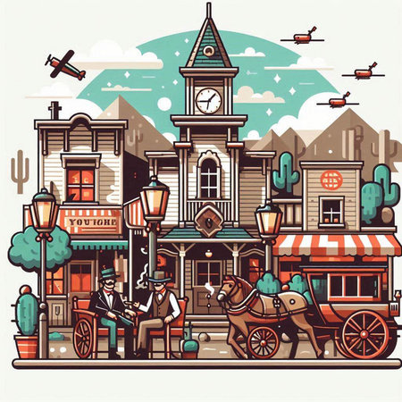 Vector illustration of old town street with a horse drawn carriage. Cartoon style.のイラスト素材