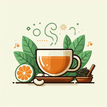 Cup of tea with mint leaves and fruits. Vector illustration.のイラスト素材