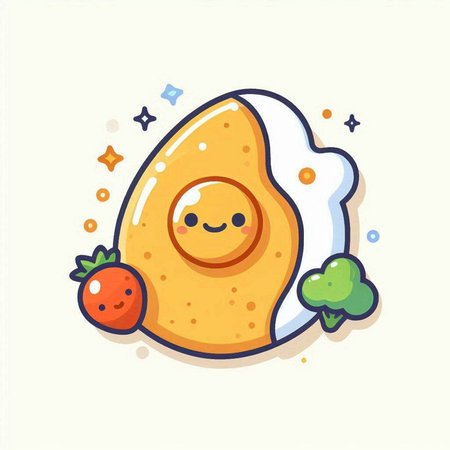 Funny fried egg with strawberry, vector illustration. Food character.のイラスト素材