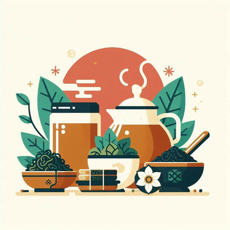 Flat style vector illustration of Chinese tea ceremony. Teapot, cup, pot, teacup, bowl with herbs.のイラスト素材