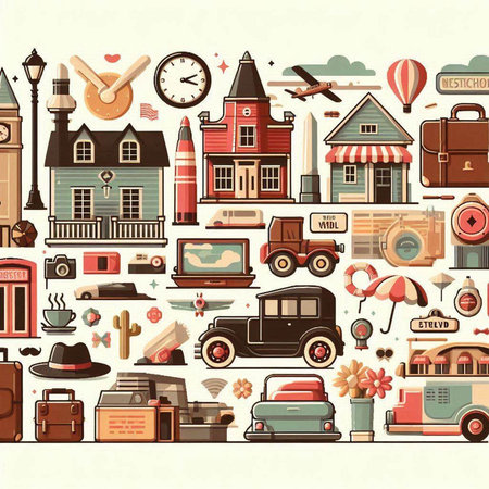 Travel and tourism icons set. Vector illustration in flat style. Colorful backgroundのイラスト素材