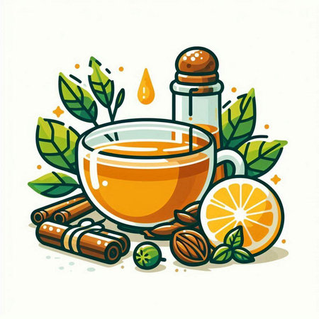 Cup of tea with cinnamon, lemon and cloves. Vector illustration.のイラスト素材