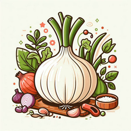 Vector illustration of fresh organic garlic with herbs, spices and vegetables.のイラスト素材