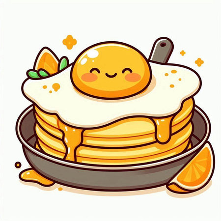 Cute pancakes with fried egg in frying pan. Vector illustration.のイラスト素材