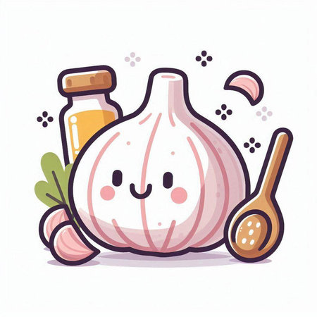 Cute cartoon garlic character with herbs and spices. Vector illustration.のイラスト素材