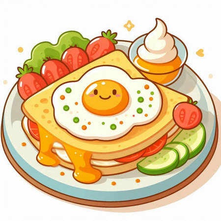 Illustration of a Pancake with a Fried Egg Served on a Plateのイラスト素材