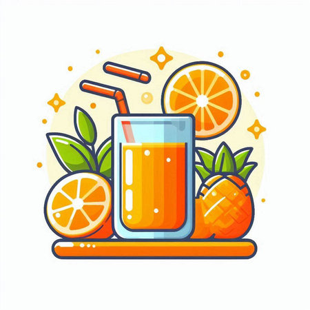 Orange juice in a glass with a straw and slices of orange. Vector illustrationのイラスト素材