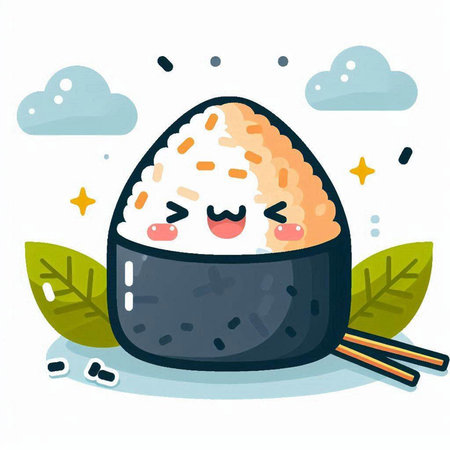 Illustration of a cute japanese rice ball with chopsticksのイラスト素材