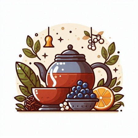 Vector illustration with teapot, cup of tea, fruits and leaves on white background.のイラスト素材