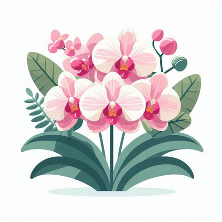 Bouquet of pink orchids with green leaves. Vector illustration.のイラスト素材