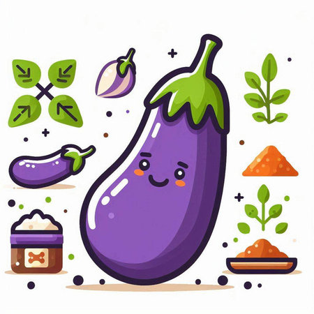 Vector illustration of cute eggplant character. Vegetable in flat style.のイラスト素材