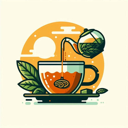 Cup of green tea with teapot and leaves. Vector illustration.のイラスト素材
