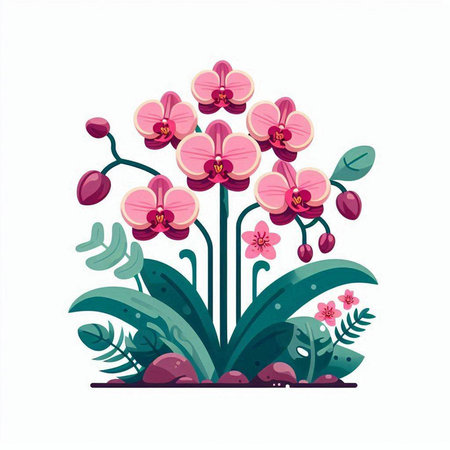 Pink orchid flowers on a white background. Flat vector illustration.のイラスト素材